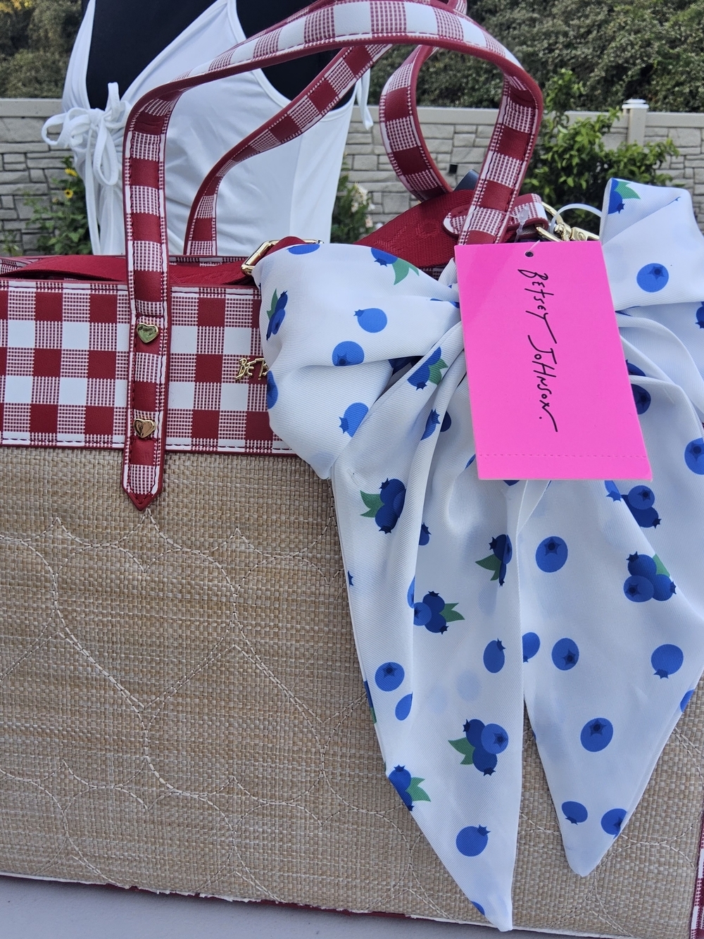 NWT-Betsey Johnson Red Gingham Straw Satchel with Blue Berry Scarf Accent